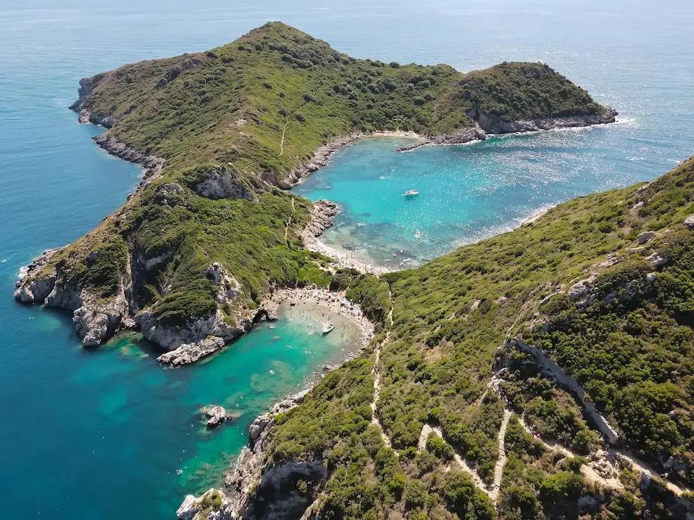 aerial view of porto timoni double beach in corfu