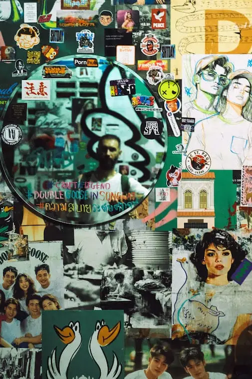 face in a mirror and art on the wall