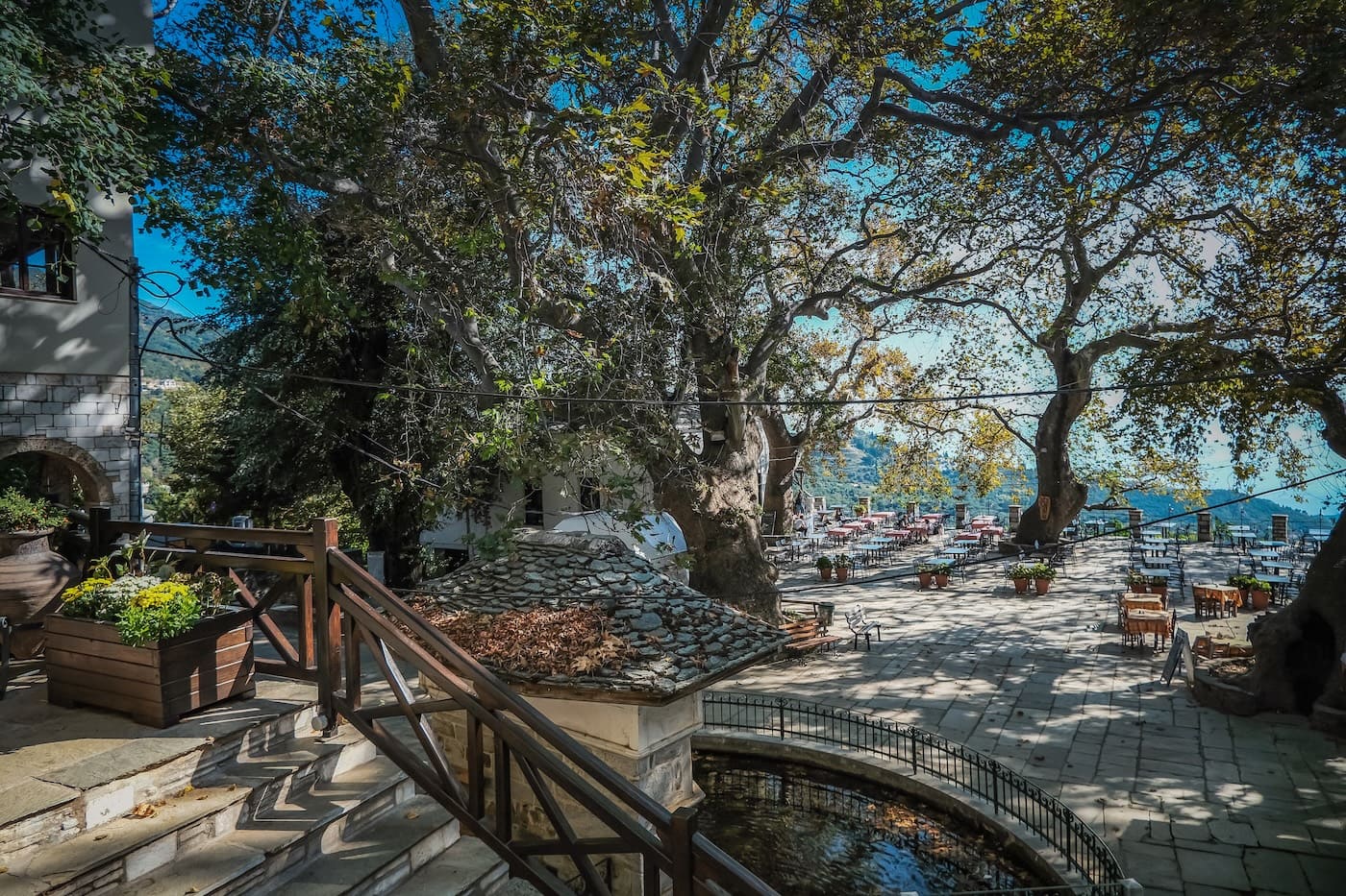 the square of makrinitsa village at pelion during autumn